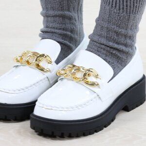 White Patent Chain Loafers Women’s Chunky Platform Modern Academia Style Shoes